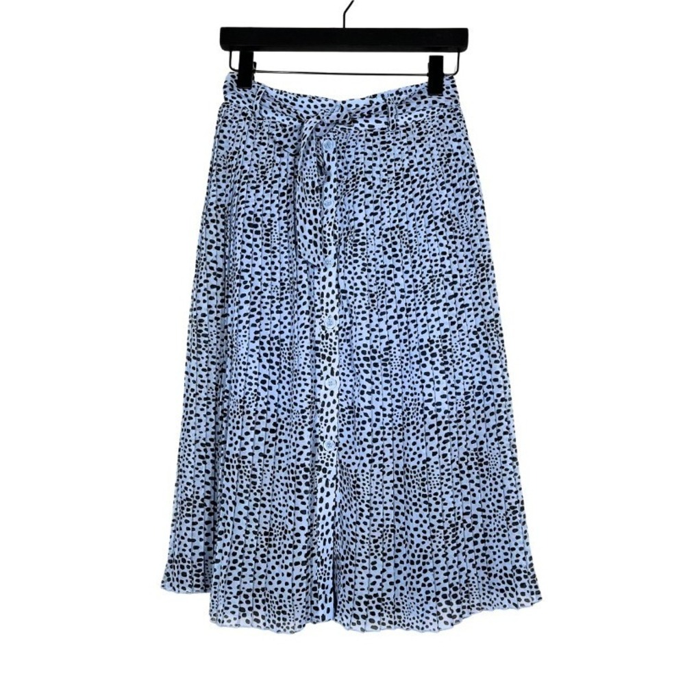 Monki Blue Black Polka Dot Pleated Midi Skirt Button Front Belted XS Modest